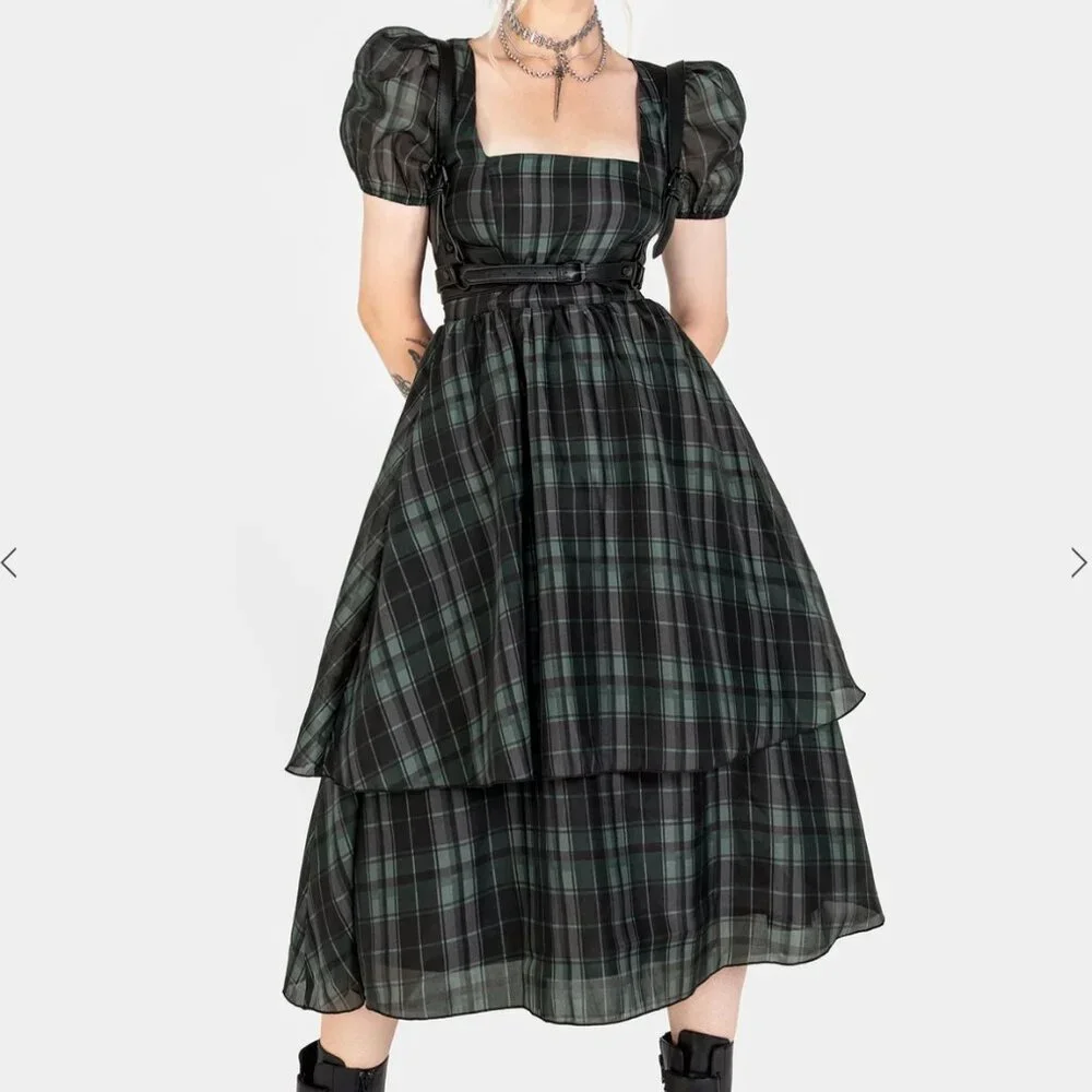 Disturbia Checkmate Puff Sleeve Layered Organza Midi Dress - Picture 1 of 8